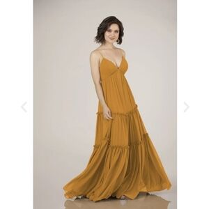 Size 10 harvest gold boho style chiffon Aline tiered maxi dress w/ lace up back